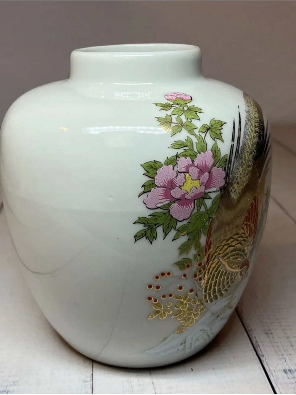 Japanese Satsuma Gold Floral Pheasant Porcelain Jar Vase Made In Taiwan Vtg 5” - Picture 2 of 6